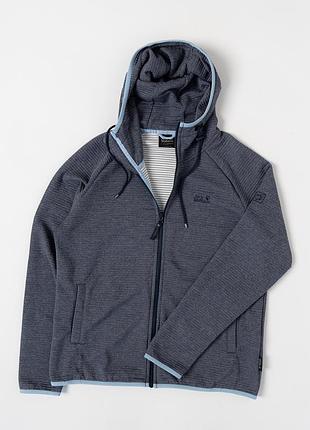 Жіноча, флісова кофта jack wolfskin nanuk сірого кольору з капюшоном і повною застібкою-блискавкою. модель виготовлена з м’якого поліестеру, добре зб