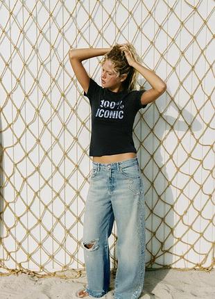 Джинси trf wide-leg з потертостями та заклепками