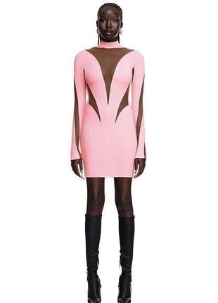 Mugler x h&m рожева з коричневою напівпрозорою сітчаста сукня облягаючого крою з високим коміром