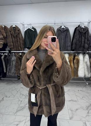 Норковая натуральная женская шуба 80 см,с поясом, без капюшона, с карманами, удлиненная
