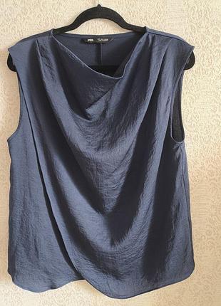Блуза zara с драпировкой, темно-синяя, размер l