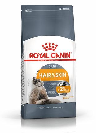 Корм royal canin hair &amp; skin care, предназначенный для поддержания здоровья кожи и блеска шерсти у взрослых кошек.