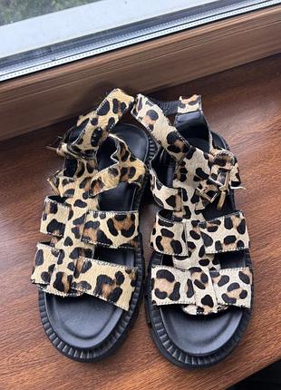 Жіночі  масивні сандалі з леопардовим принтом від бренду schuh, виготовлені у гладіаторському стилі з ремінцями.
