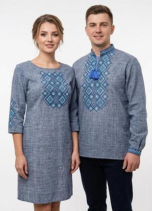 Льняная рубашка вышиванка для мальчика family look подростковая синий джинс длинный 146 152 158 164 170 176 170, синий джинс синяя