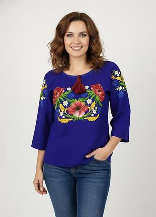 Рубашка женская вышиванка мята подсолнухи крестиком family look 42 44 46 48 50 52 54 56 58 58, синий маки