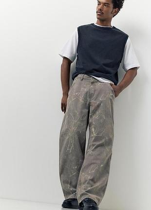 Джинси штани pull&bear printed wide-leg, джинси пул бір, сірі джинси, беггі баггі джинси