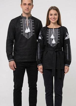 Жіноча сорочка вишиванка льон з поясом для пари сіра вишивка family look р.42 - 60 52 - 54 xl чорний