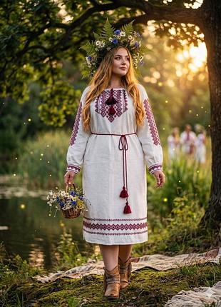 Женское платье вышиванка натуральный лен ручная вышивка крестиком 42 44 46 48 50 52 54 54