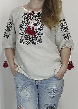 Льняная женская рубашка вышиванка черно красная вышивка family look 42 44 46 48 50 52 54 56 58 60 44, бежевый