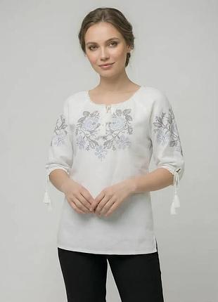Сорочка жіноча домчена вишита біла вишиванка сірі квіти family look 42 44 46 48 50 52 54 56 58 60 42, білий