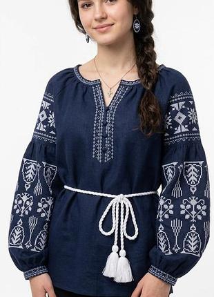 Жіноча лляна сорочка вишиванка синя з поясом family look 42 44 46 48 50 52 54 56 58 42