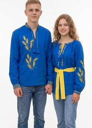Жіноча сорочка вишиванка льон колоски жита з поясом для пари 46 48 50 m l xl 44 s синій