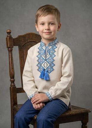 Льняная рубашка вышиванка для мальчика голубой орнамент family look 92 98 104 110 116 122 128 134 140 110, бежевый