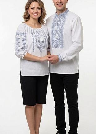 Класична жіноча сорочка вишиванка family look біла 42 44 46 48 50 52 54 56 58 60 білий із сірою вишивкою, 54