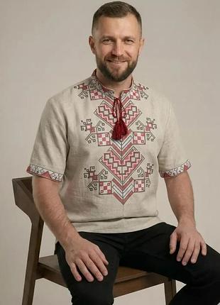 Рубашка вышиванка для мальчика подростка из натурального льна короткий рукав 140 146 152 158 164 170 176 170, бежевый с красной