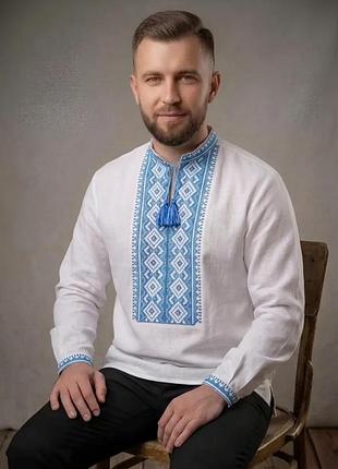 Мужская рубашка вышиванка на домотканом хлопке синяя вышивка 44 46 48 50 52 54 56 58 60 54, длинный