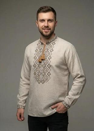 Рубашка вышиванка для мальчика подростка лен натуральный бежевый family look 140 146 152 158 164 170 176 170, бежевый