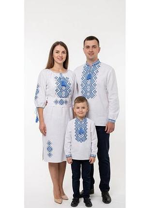 Чоловіча сорочка вишиванка домоткана бавовна для пари орнамент ромб 44 46 48 50 52 54 56 58 60 білий із блакитною вишивкою, 58