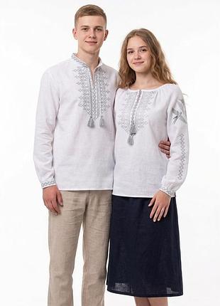 Жіноча сорочка вишиванка льон з поясом для пари сіра вишивка family look р.42 - 60 56 - 60 3xl 4xl