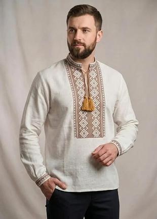 Мужская рубашка вышиванка домотканый хлопок геометрический орнамент 42 44 46 48 50 52 54 56 58 60 48, белый
