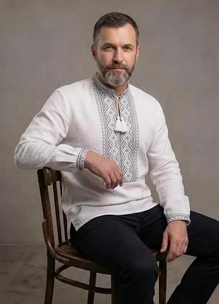 Чоловіча сорочка вишиванка на домотканій бавовні біла сіра вишивка family look 44 46 48 50 52 54 56 58 60 52, довгий
