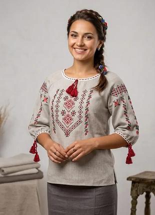 Лляна жіноча сорочка вишиванка чорно-червона вишивка family look 42 44 46 48 50 52 54 56 58 60