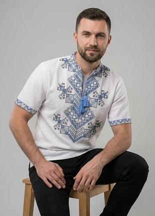 Чоловіча сорочка вишиванка на домотканому бавовні для пари family look 44 46 48 50 52 54 56 58 60 білий, 60