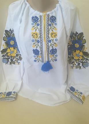 Сорочка жіноча льон вишиванка жовто-блакитна вишивка 48 50 52 l xl 48 - 50 l xl біла