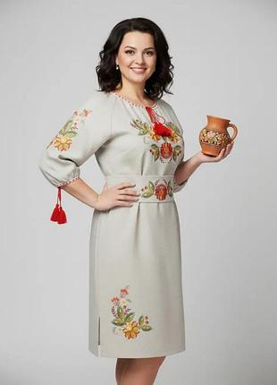Плаття жіноче натуральний льон вишиванка з поясом коричнева вишивка family look 42 - 60 56, бежевий з жовтогарячою вишивкою