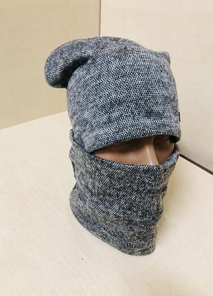 Комплект шапка снуд баф для мальчика майнкрафт двойной трикотаж размер 52 54 56 серый ангора