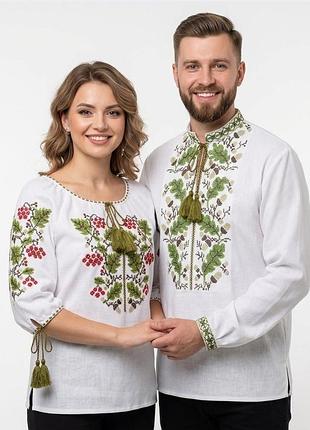 Чоловіча сорочка вишиванка домоткана для пари рослинний орнамент family look 44 46 48 50 52 54 56 58 60 білий, 54