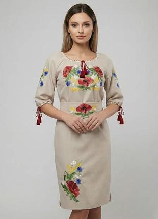 Вишиванка плаття жіноче льон із поясом зелене квіти family look 42 44 46 48 50 52 54 56 58 бежевий, 46