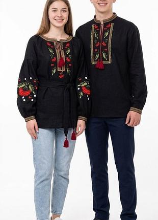 Чоловіча сорочка вишиванка льон чорна золото для пари family look 42 - 60 l xl більшемірять