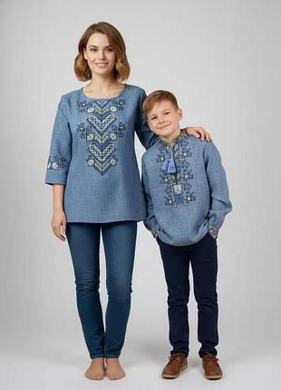 Жіноча вишиванка лляна сорочка джинс для пари family look 42 44 46 48 50 52 54 46