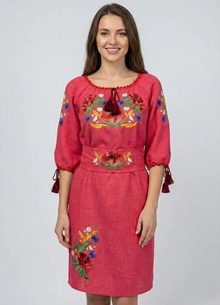 Вишиванка плаття жіноче льон із поясом зелене квіти family look 42 44 46 48 50 52 54 56 58 червоне корал, 60