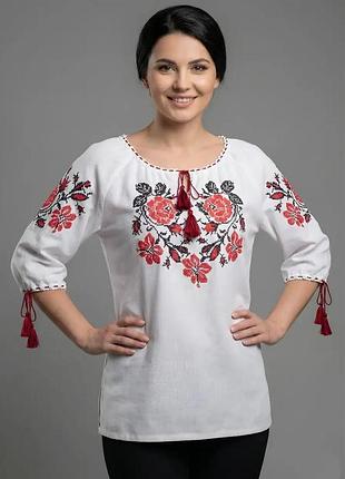 Сорочка жіноча домчена вишита біла вишиванка сірі квіти family look 42 44 46 48 50 52 54 56 58 60 56, білий із червоною вишивкою