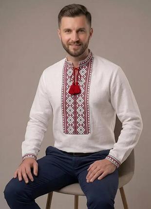 Мужская рубашка вышиванка домотканый хлопок геометрический орнамент 42 44 46 48 50 52 54 56 58 60 56, белый с красной вышивкой