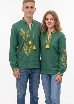 Жіноча сорочка вишиванка льон колоски жита з поясом для пари 46 48 50 m l xl 46 - 48 m