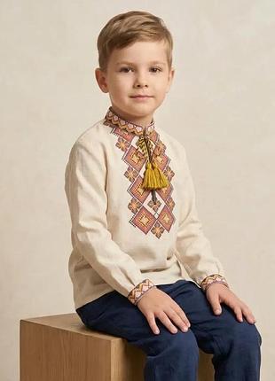 Льняная рубашка вышиванка для мальчика голубой орнамент family look 92 98 104 110 116 122 128 134 140 110, бежевый с коричневой