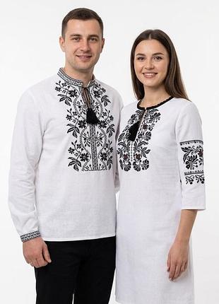 Чоловіча сорочка вишиванка домоткана для пари рослинний орнамент family look 44 46 48 50 52 54 56 58 60 белый с черной вышивкой,