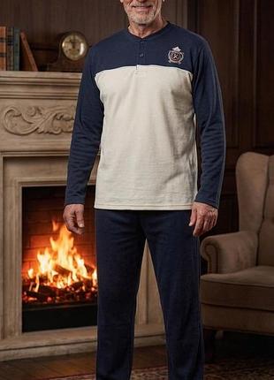Теплая мужская пижама на байке турция кофта брюки штаны l xl 48 50 52 54 50 синий