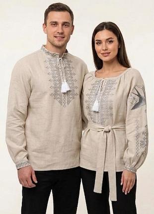Жіноча сорочка вишиванка льон з поясом для пари сіра вишивка family look р.42 - 60 48 50 l бежевий