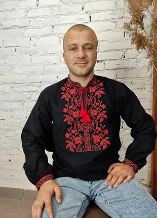Мужская рубашка вышиванка домотканая черная 44 46 48 50 52 54 56 58 60 черный с красной вышивкой, 56