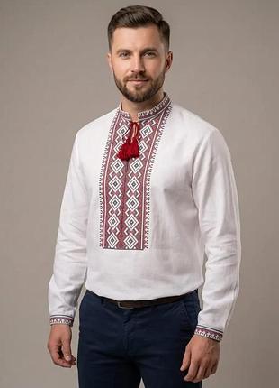 Белая домотканая рубашка вышиванка для мальчика белая вышивка 140 146 152 158 164 170 176 140, белый с коричневой вышивкой