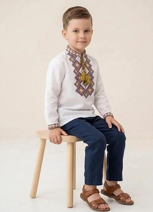 Белая домотканая рубашка вышиванка для мальчика голубой орнамент family look 92 98 104 110 116 122 128 134 140 98, белый с