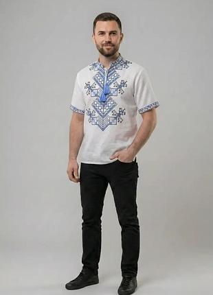 Біла сорочка вишиванка для хлопчика з коротким рукавом для хлопчика family look 140 146 152 158 164 170 176 146, білий із синьою
