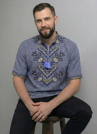 Сорочка вишиванка для хлопчика лляна короткий рукав підліток родина family look 140 146 152 158 164 170 176 164, синій із жовтою