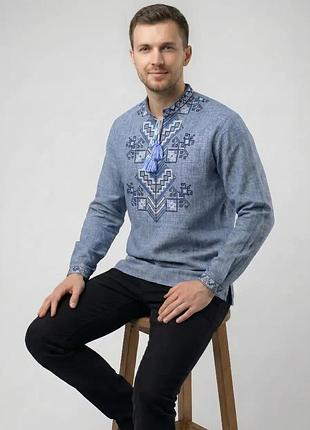 Льняна сорочка вишиванка для хлопчика family look підлітковий синій джинс довгий рукав 146 152 158 164 170 176 152, синій джинс
