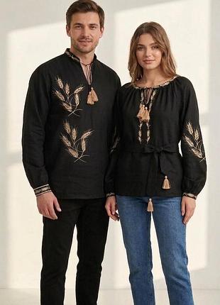 Мужская рубашка вышиванка лен колоски для пары family look 42 - 60 s м 46 - 48 m l черный, длинный