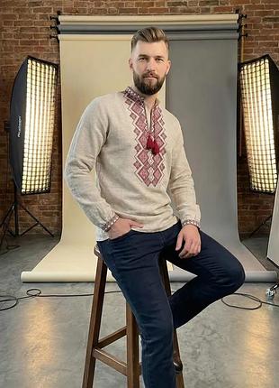 Рубашка вышиванка для мальчика подростка лен натуральный бежевый family look 140 146 152 158 164 170 176 176, бежевый с красной